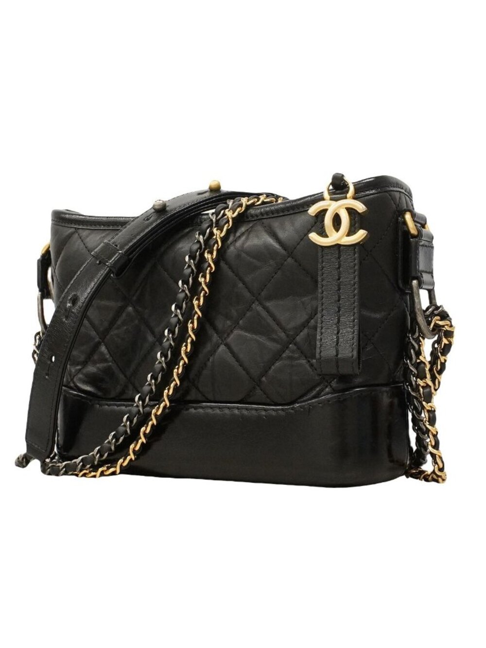 Chanel Shoulder Bag Gabrielle Leather Black Gold Silver